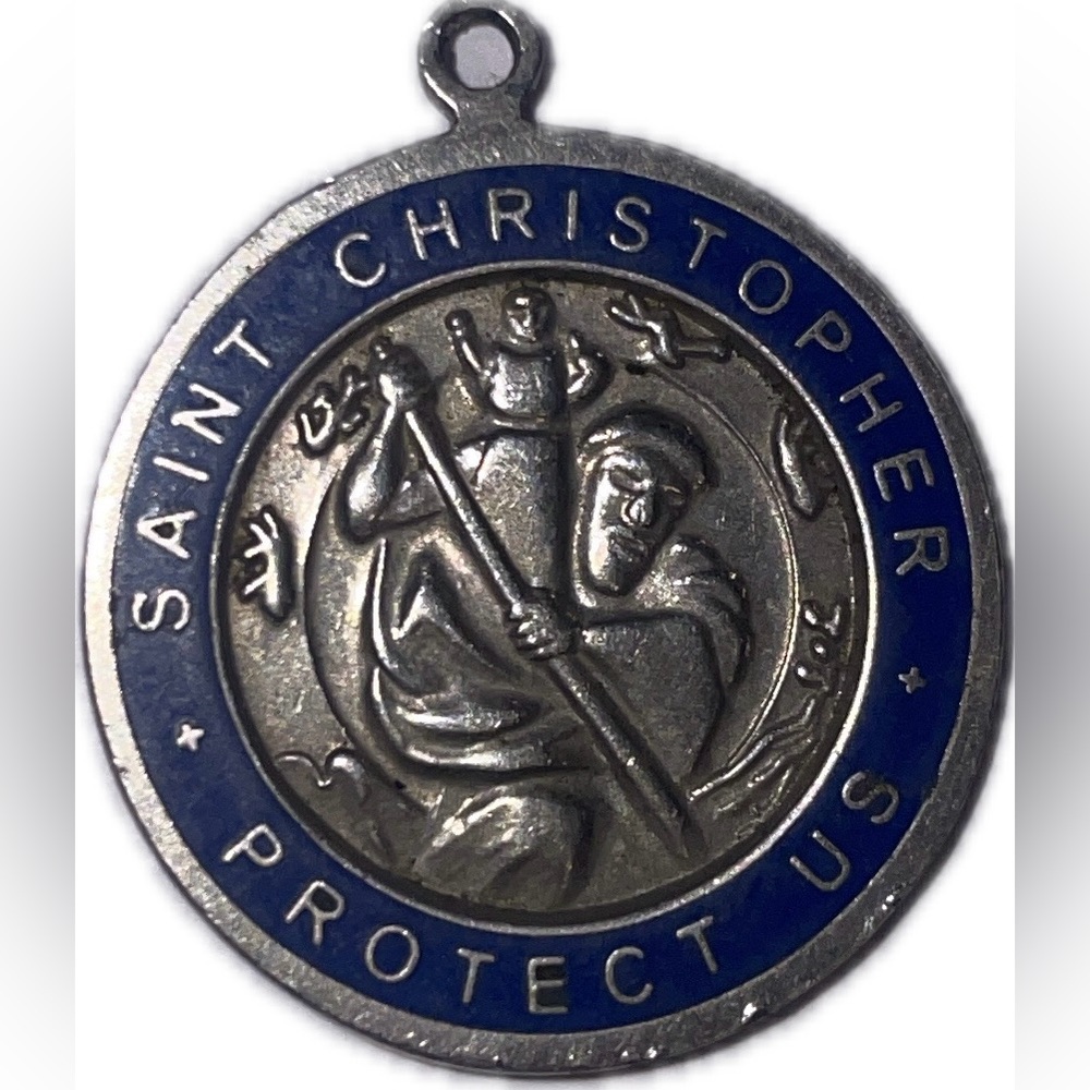 Vintage Silver Tone Blue Enamel St. Christopher Surfer Medal